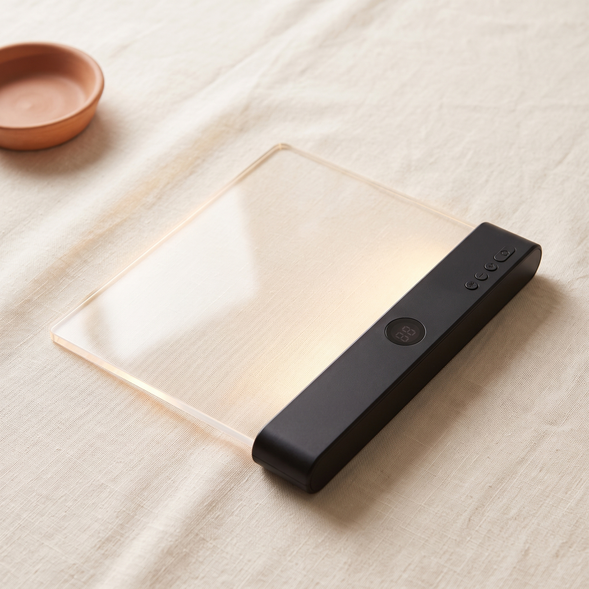 La lampe de lecture Lisolia, panneau transparent et boîtier noir, posée sur du lin crème