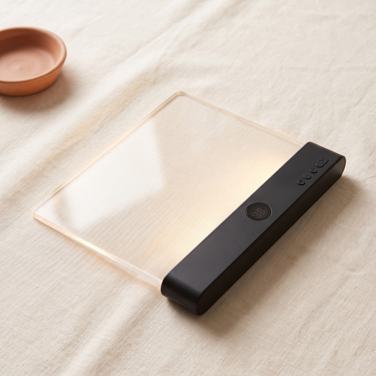 La lampe de lecture Lisolia, panneau transparent et boîtier noir, posée sur du lin crème