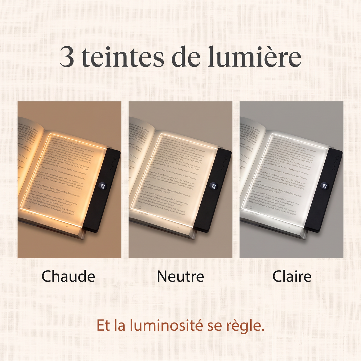 3 teintes de lumière : chaude, neutre, claire, et luminosité réglable